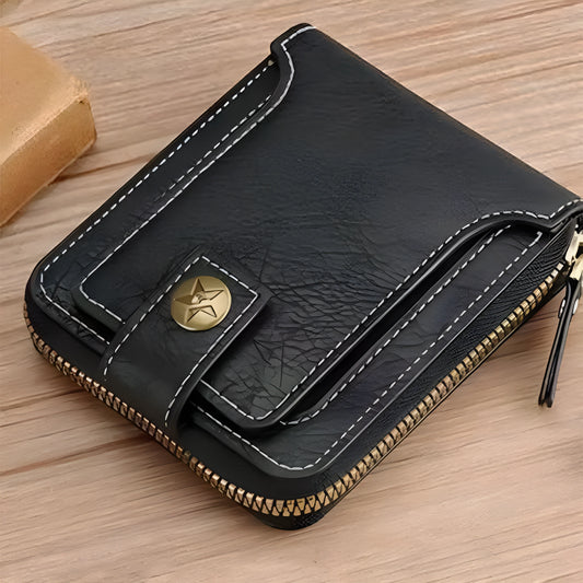Men's short style 2-fold wallet in PU leather showing black, brown and light brown colour options