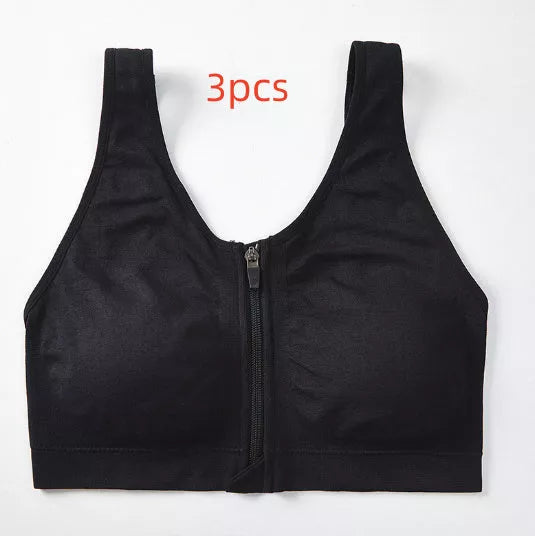 Black front zipper sports bra with shockproof support and beauty back design