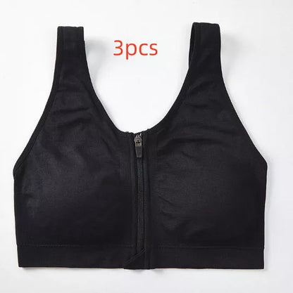 Black front zipper sports bra with shockproof support and beauty back design
