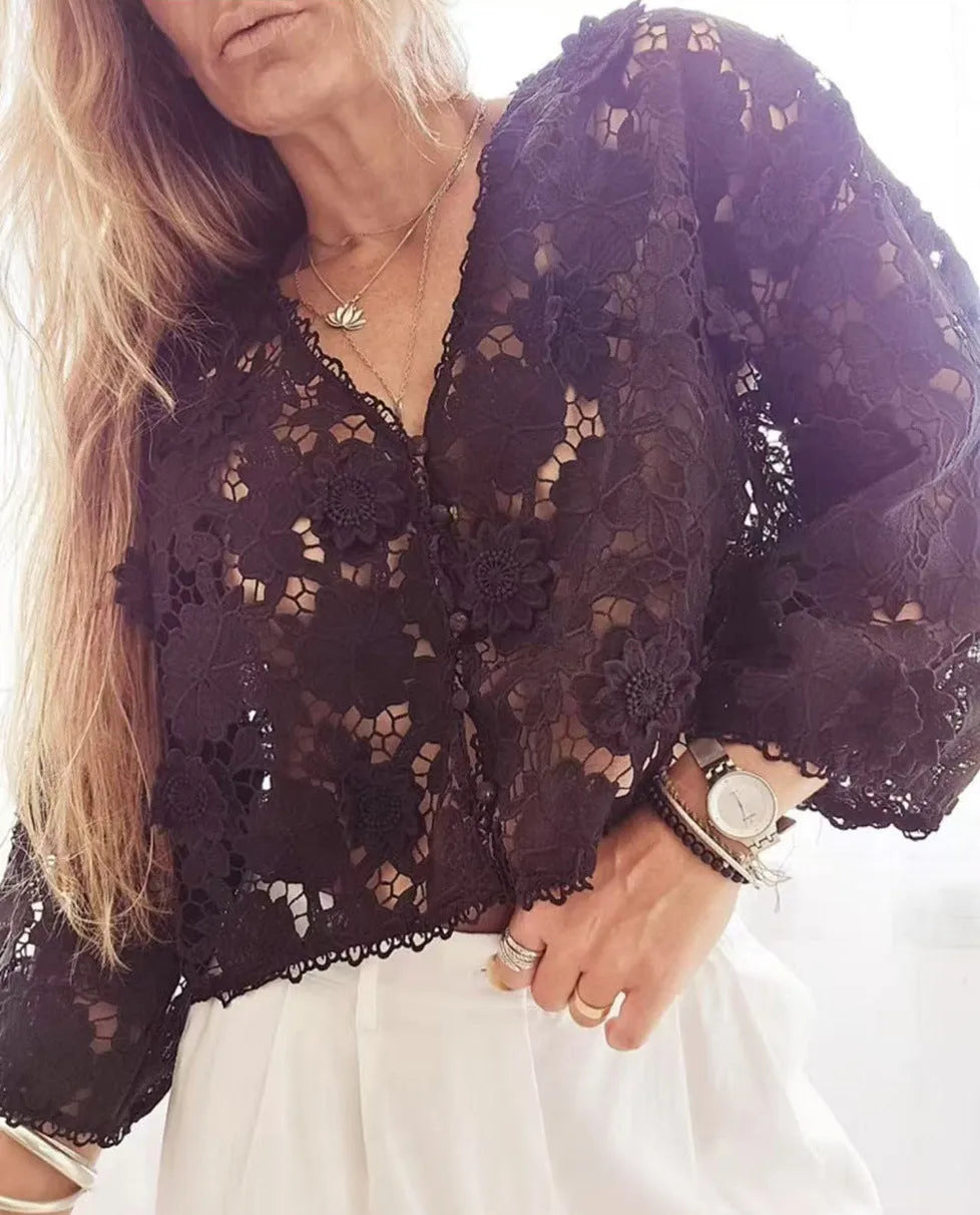 Polyester lace cardigan with three-dimensional floral decoration, V-neck, and long sleeves in loose street fashion fit