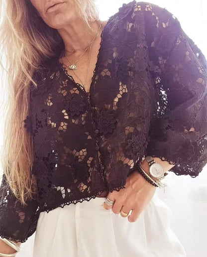 Polyester lace cardigan with three-dimensional floral decoration, V-neck, and long sleeves in loose street fashion fit
