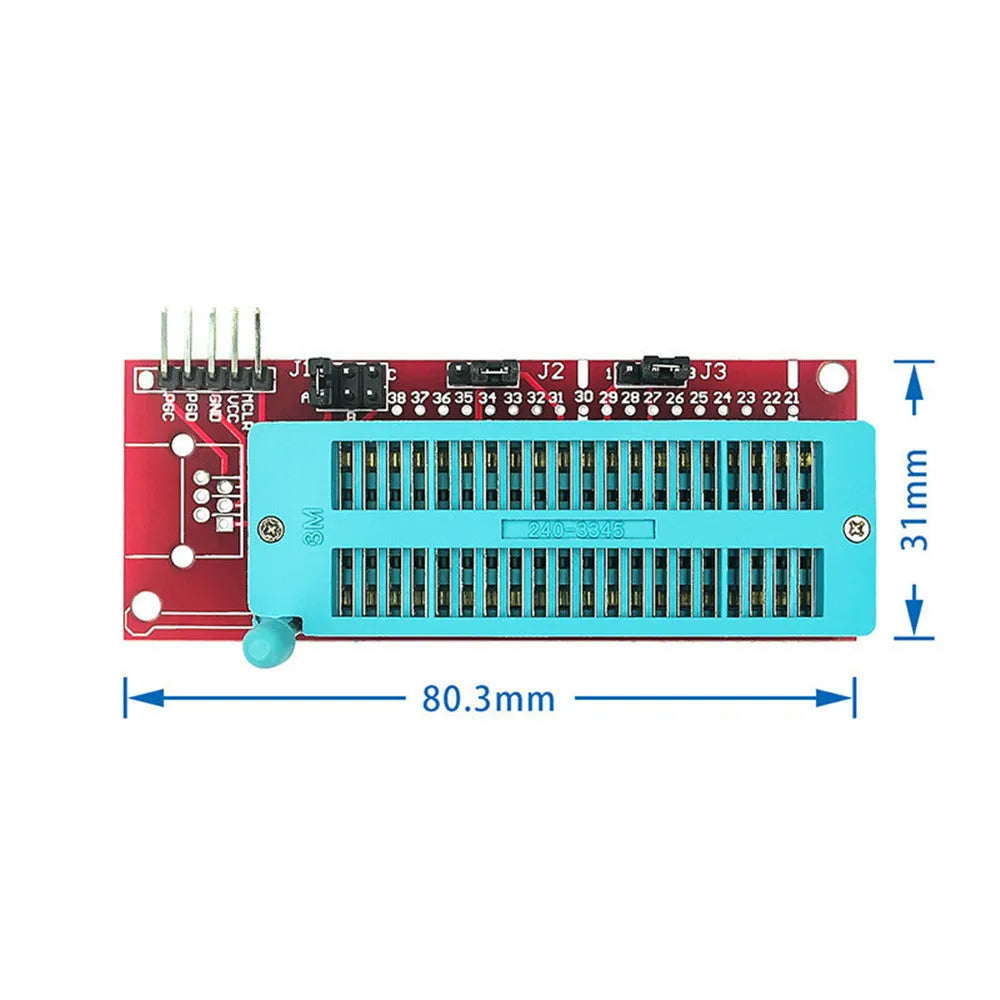 Offline simulation programmer burner unit with ICD2, KIT3, and KIT3.5 sockets for PIC microcontrollers.
