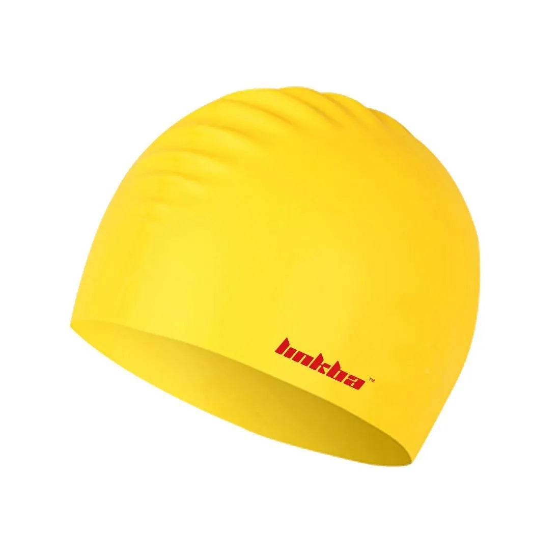 Coloured silicone adult swimming cap with letter pattern and built-in earmuff design.
