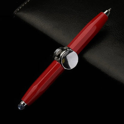 Creative multi-function metal pen with LED light and fingertip gyro spinner for writing and fidgeting.