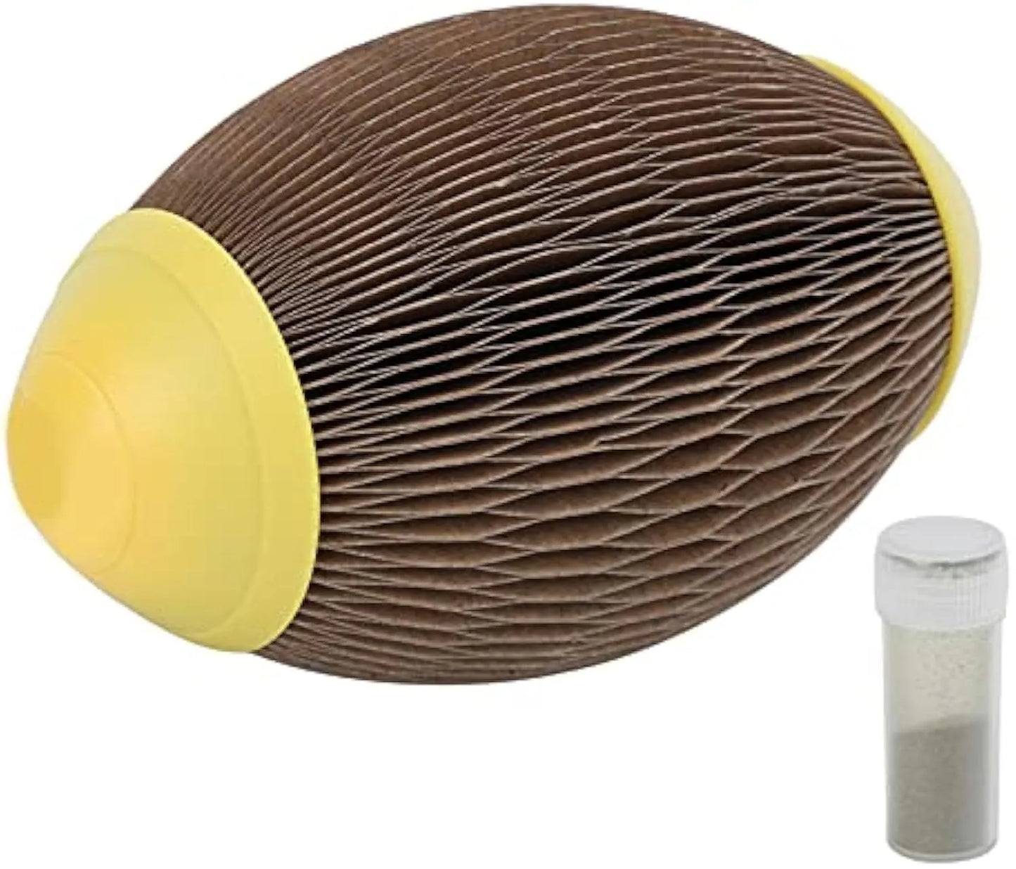 Elliptical corrugated paper cat football toy with scratch texture on a wooden floor