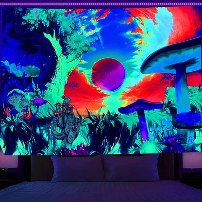 Simple mushroom tree of life fluorescent print polyester tapestry, 150x200cm size hanging on wall with subtle glow