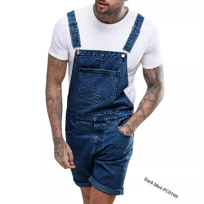 Black denim suspender shorts for men on a hanger, showing mid-waist and shorts length.