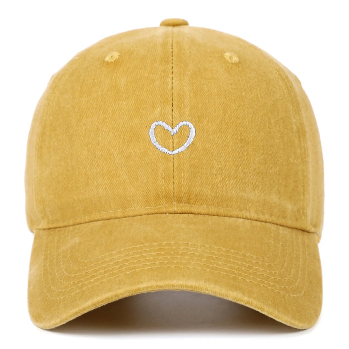 Adjustable cotton baseball cap with embroidered retro love design in various colours.