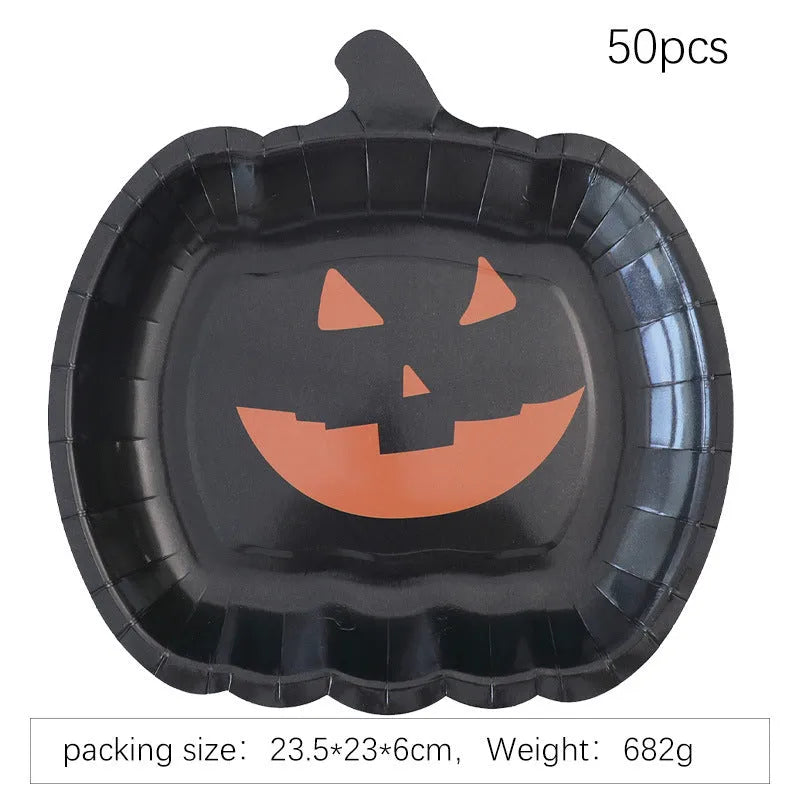 Black pumpkin design disposable paper plates for Halloween, 9-inch diameter