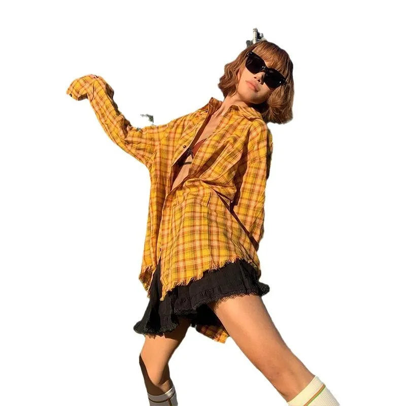Dopamine yellow plaid shirt with loose-fit design and cardigan style for casual wear
