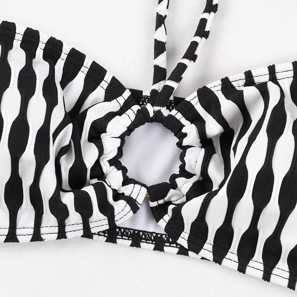 Women's striped three-piece swimsuit set with tube top and waist skirt