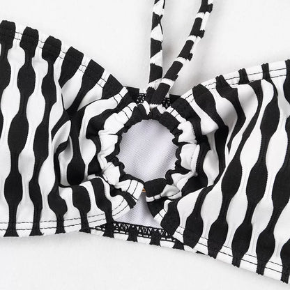 Women's striped three-piece swimsuit set with tube top and waist skirt