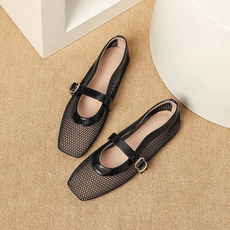 Women's beige mesh summer pump with square toe, flat heel, and buckle closure on a white background.
