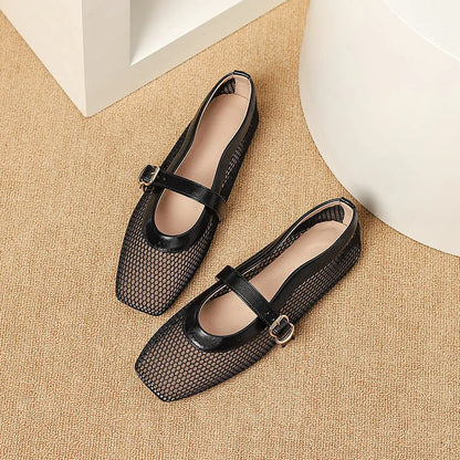 Women's beige mesh summer pump with square toe, flat heel, and buckle closure on a white background.
