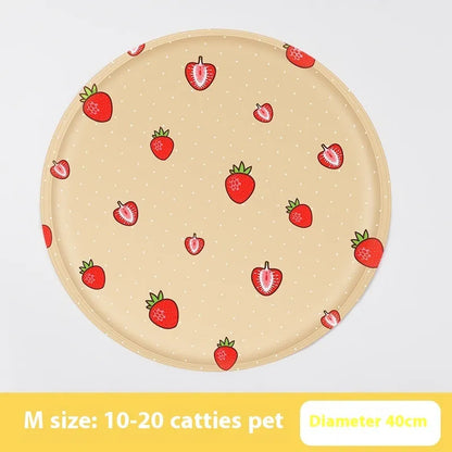 Round pet cooling mat with cartoon dog designs in blue and beige colour options