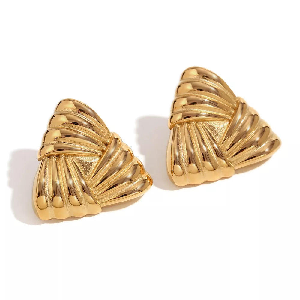 18K gold triangular stud earrings with retro design for women