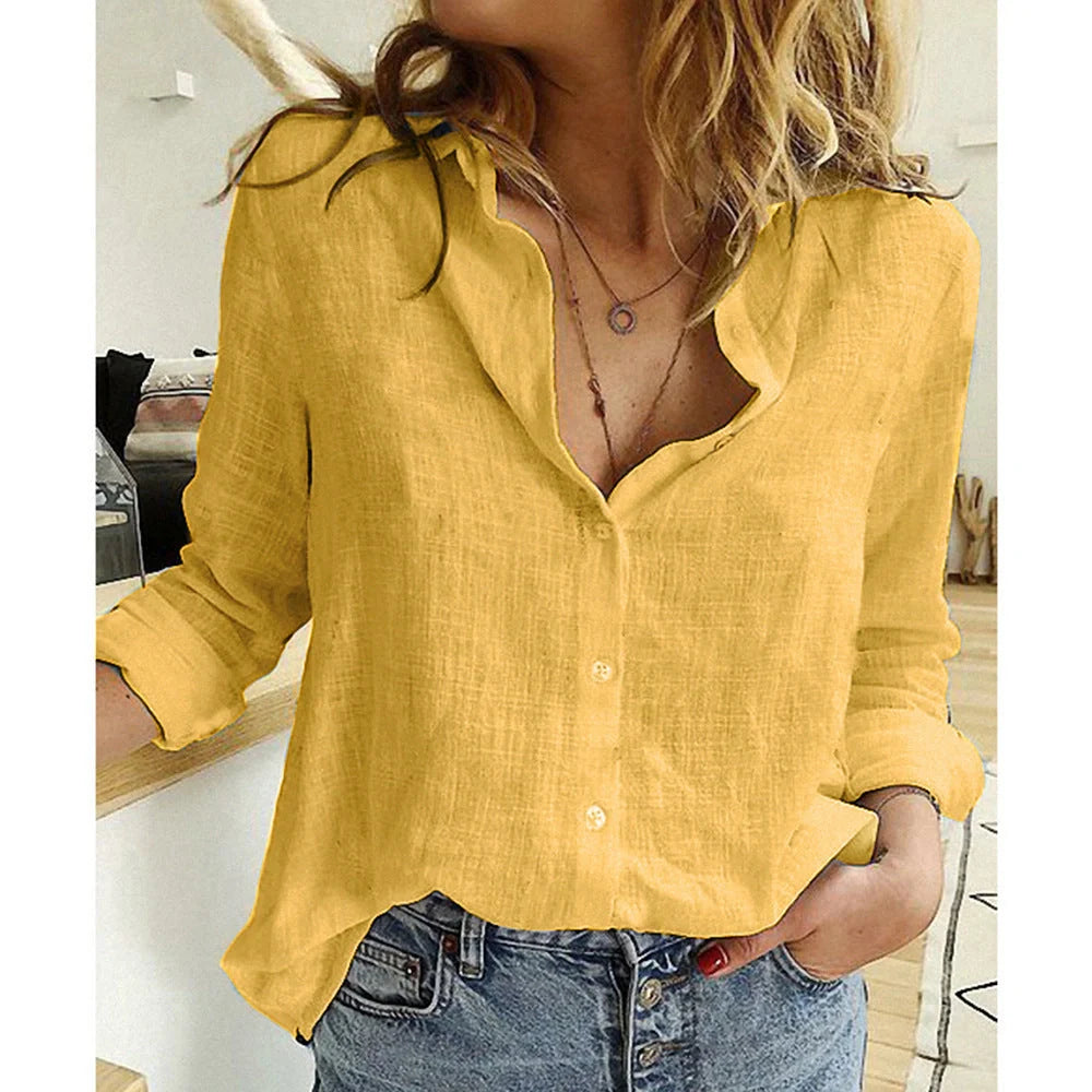Loose Button Lapel Cardigan Top Long Sleeve Shirt for Women in various colors and sizes