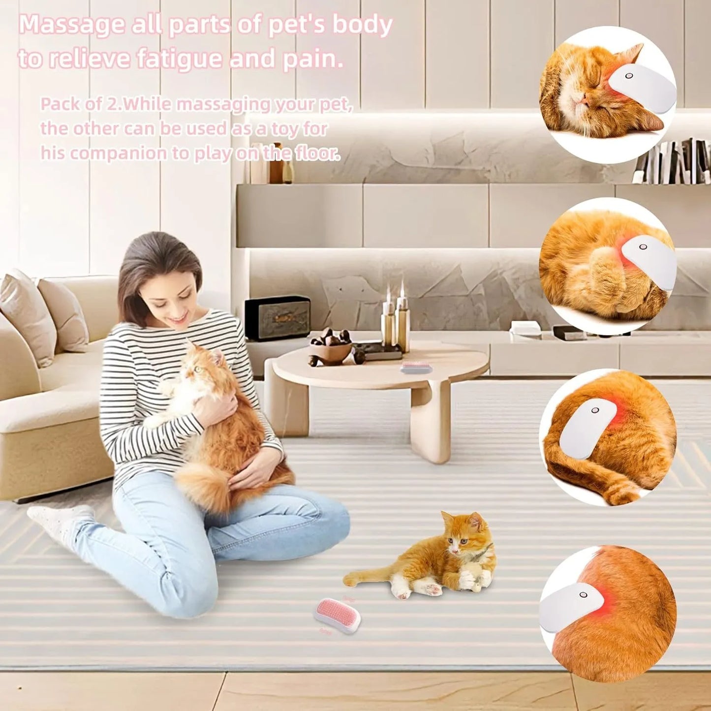 Pink Fuigarry handheld electric pet brush with soft teeth, placed on a carpet next to a cat.