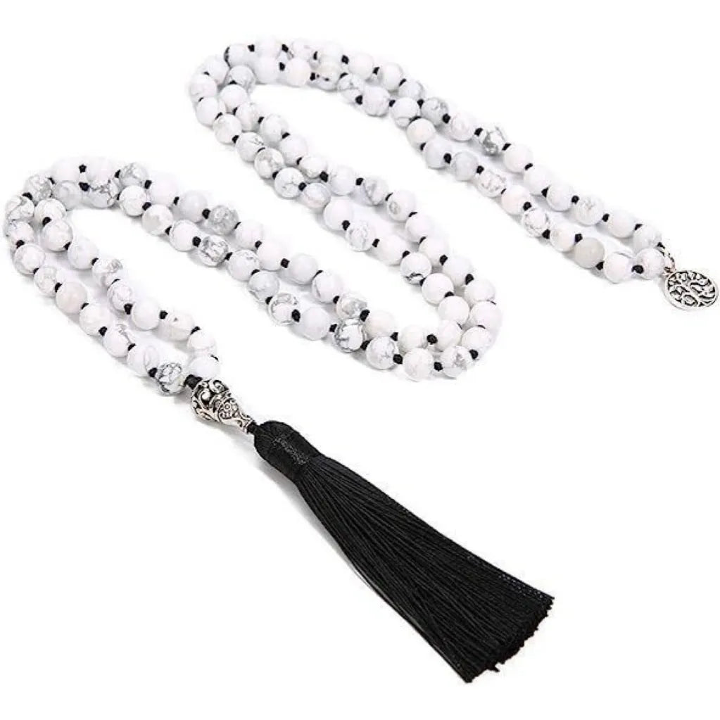 Handmade knotted beaded necklace with 108 natural stone beads in various colours.