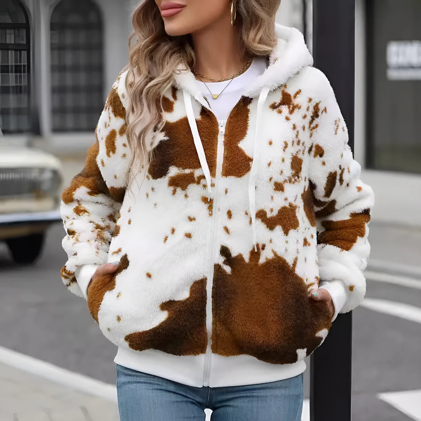 Yellow brown cow print hooded cardigan jacket with zip front and plush texture on a hanger.