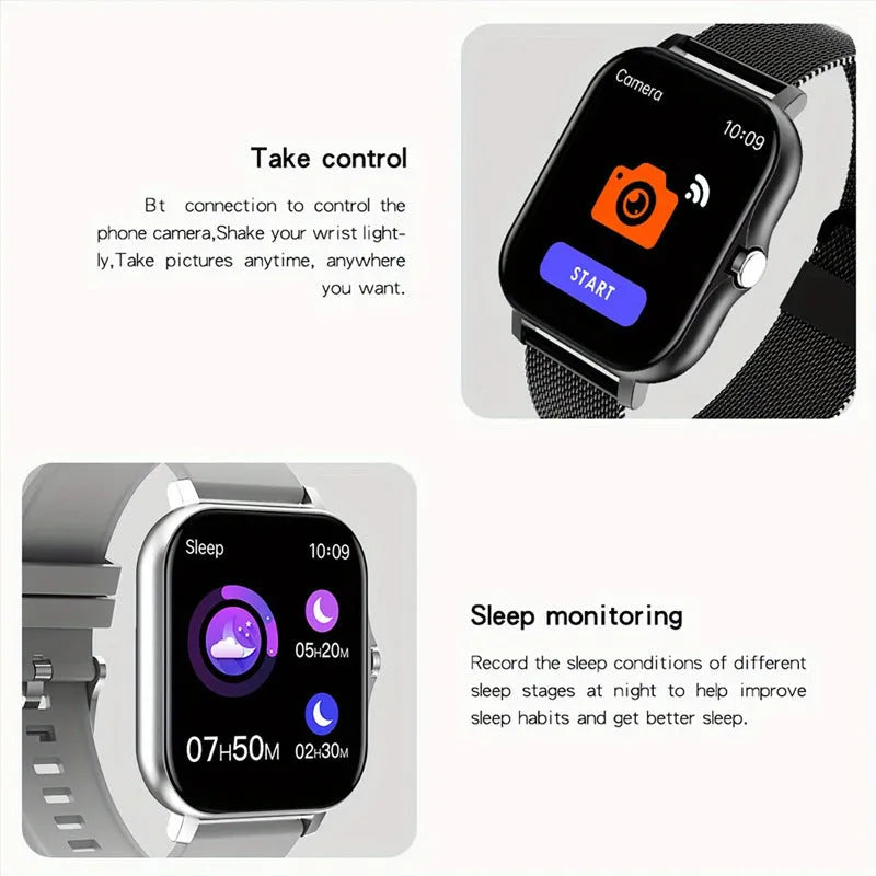 Smart watch with 144-inch touchscreen displaying health metrics, silicone strap, waterproof design for daily activity tracking