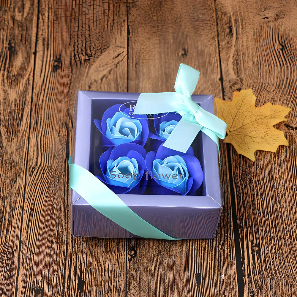 Handmade soap flower gift box in red heart-shaped tin with three blooms and bear, 12x12x5 cm for Valentine's Day