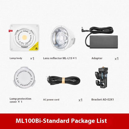 Shenniu ML100Bi 200W LED photography fill light with lenses, battery handle, and accessories on a studio table.