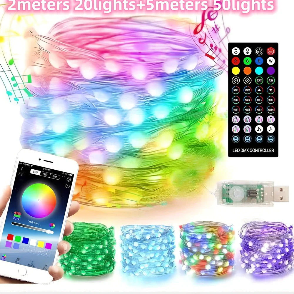 Bluetooth copper wire string lights with 100 LEDs on 10m flexible wire, USB powered with smartphone control