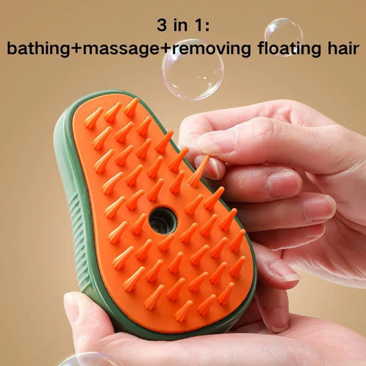 Green or white Cat Steam Brush 3-in-1 with water spray, silicone teeth, measuring 11x7.5x5.5cm
