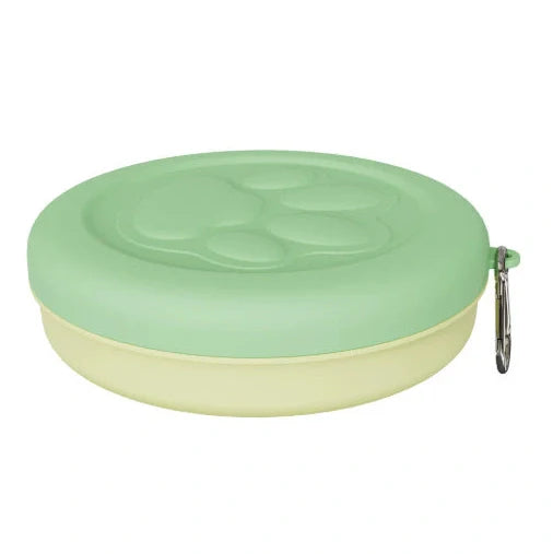Collapsible dog food bowl showing expanded and folded positions with leak-proof silicone base