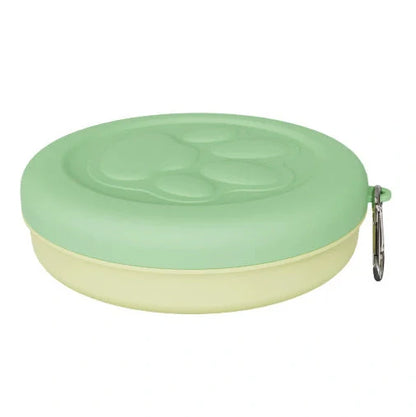 Collapsible dog food bowl showing expanded and folded positions with leak-proof silicone base