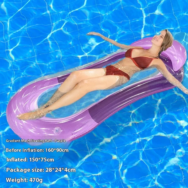 A 170cm long inflatable pool lounger with a mesh centre panel and thick sequined gradient design floating in water.