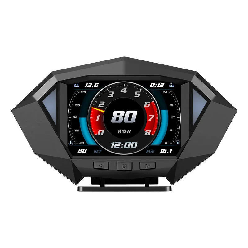 Black HD LCD vehicle HUD display unit with OBD cable on a car dashboard