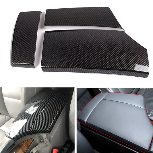 Set of three black ABS plastic armrest box covers with a shiny carbon fibre weave pattern.