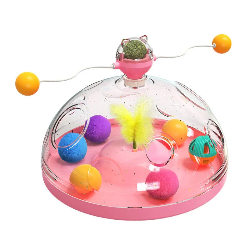 Interactive cat toy with twirling sticks and luminous catnip ball
