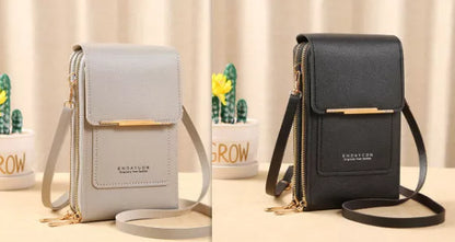 Women's messenger touch screen phone bag in solid colors with diamond decorative elements