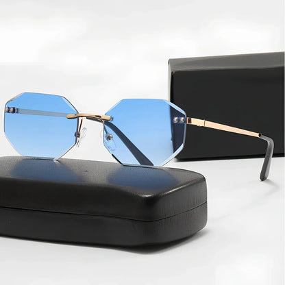 Frameless polygon glasses with geometric pattern lenses and gold frame in multiple colour options