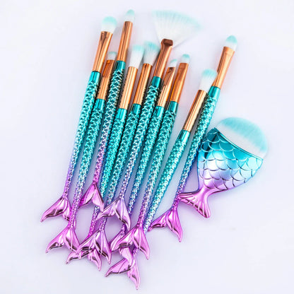 11-piece Mermaid Makeup Brushes Kit with nylon bristles and plastic handles