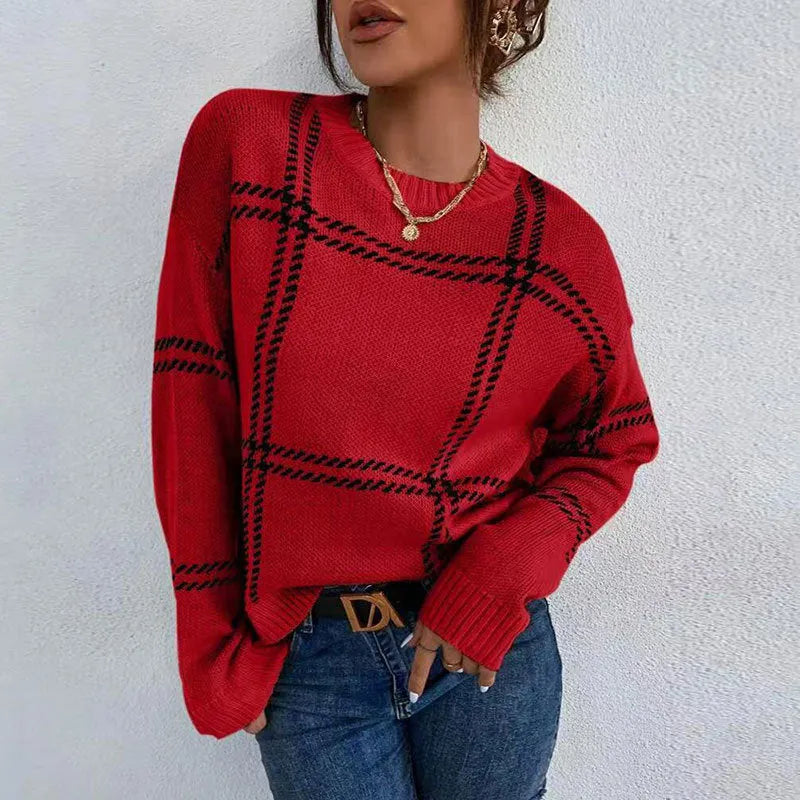 Women's loose-fit plaid colour-block acrylic sweater with apricot, black, beige stripes.