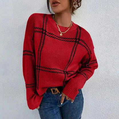 Women's loose-fit plaid colour-block acrylic sweater with apricot, black, beige stripes.