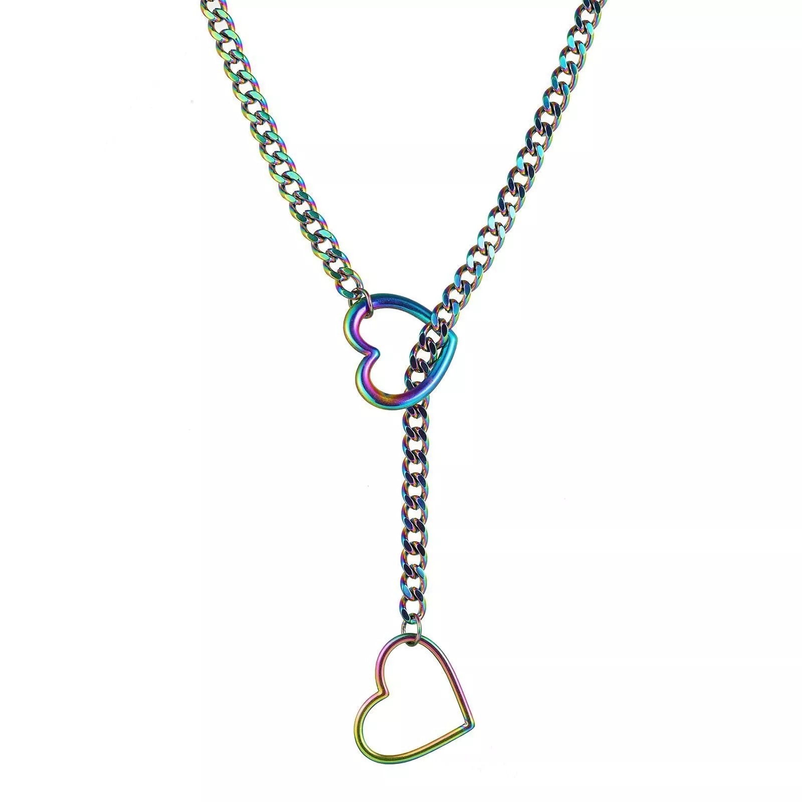 Stainless steel lariat heart necklace with heavy ring and Cuban chain in multiple finishes