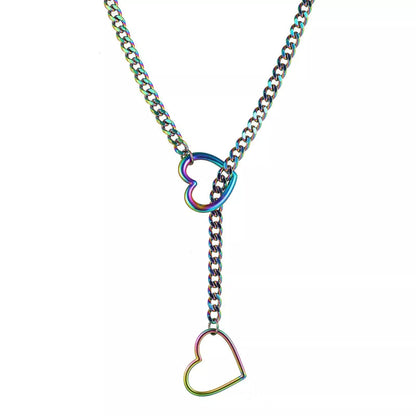 Stainless steel lariat heart necklace with heavy ring and Cuban chain in multiple finishes