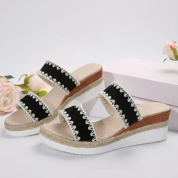 Women's hemp rope woven wedge slippers in black, beige, and brown with double wide straps