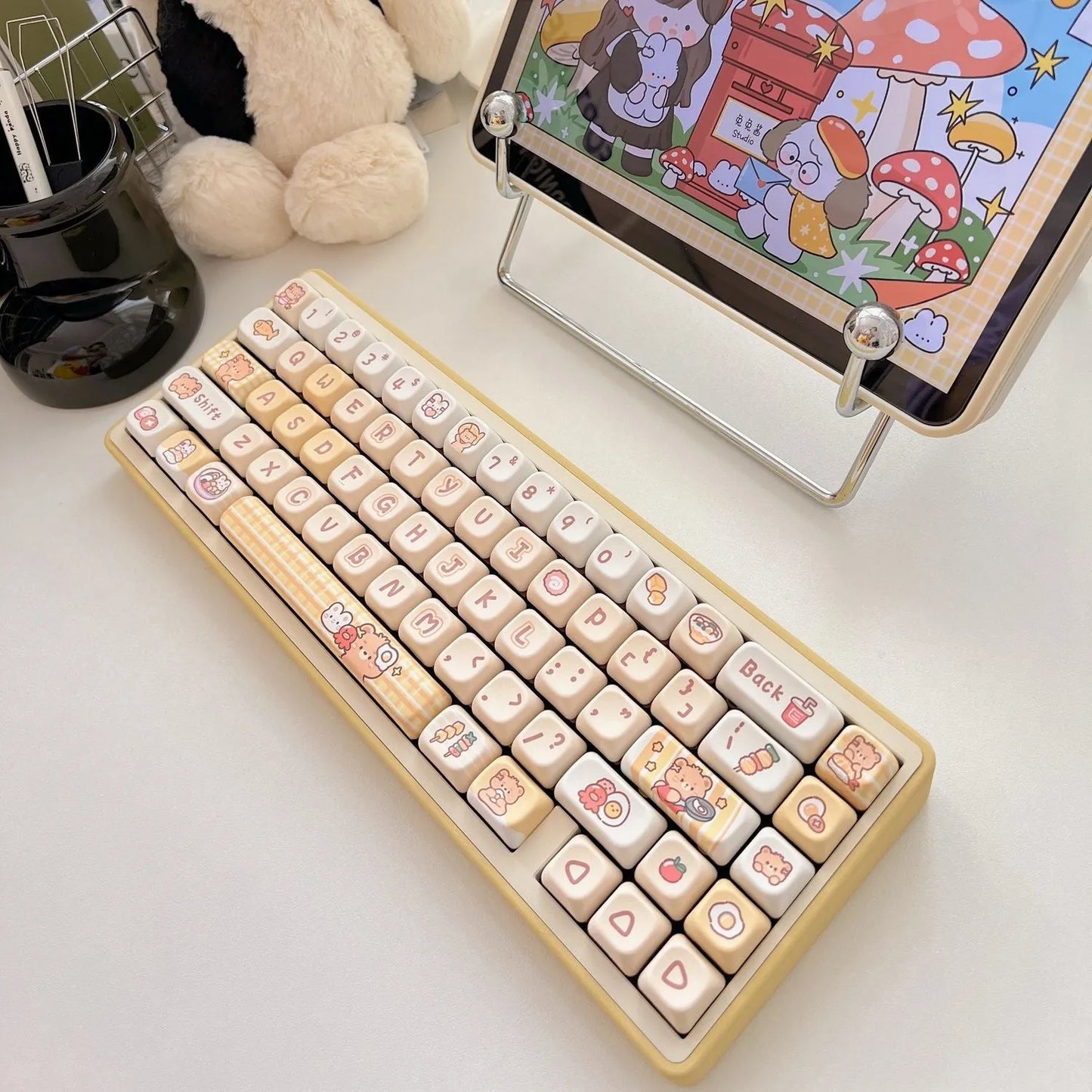 EOA height PBT keycap set with 140 pieces showing rabbit bear restaurant design applied through thermal sublimation process