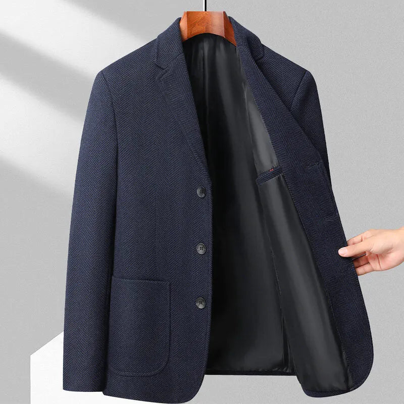 Men's loose-fit woolen coat in black, khaki, gray, or dark blue, made from polyester fabric for spring and autumn wear