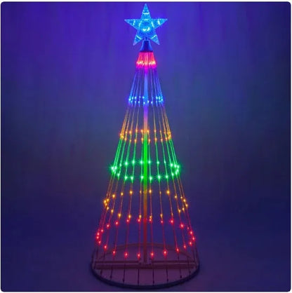 Multi-colour LED animated outdoor Christmas tree lights showing garden installation with 1.5m and 2m size options