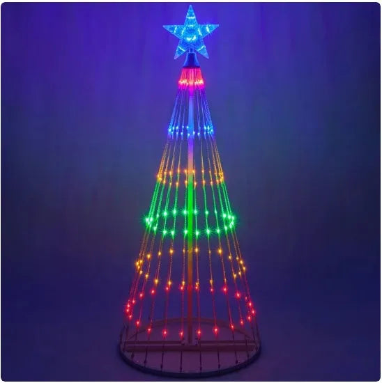 Outdoor Christmas tree lights with multi-colour LED animated effects for garden and courtyard decoration, available in 1.5 metre and 2 metre sizes with 200 LED bulbs each, compatible with UK, US, EU and AU electrical outlets