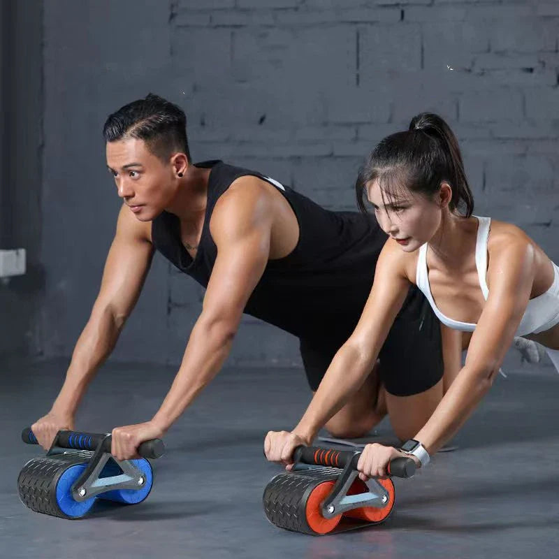 Dual-wheel abdominal roller with sweat-absorbent grip handle for intense core workouts