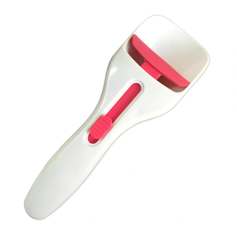 19.5cm long cake batter scoop with push-button mechanism and non-stick surface for consistent cupcake portioning
