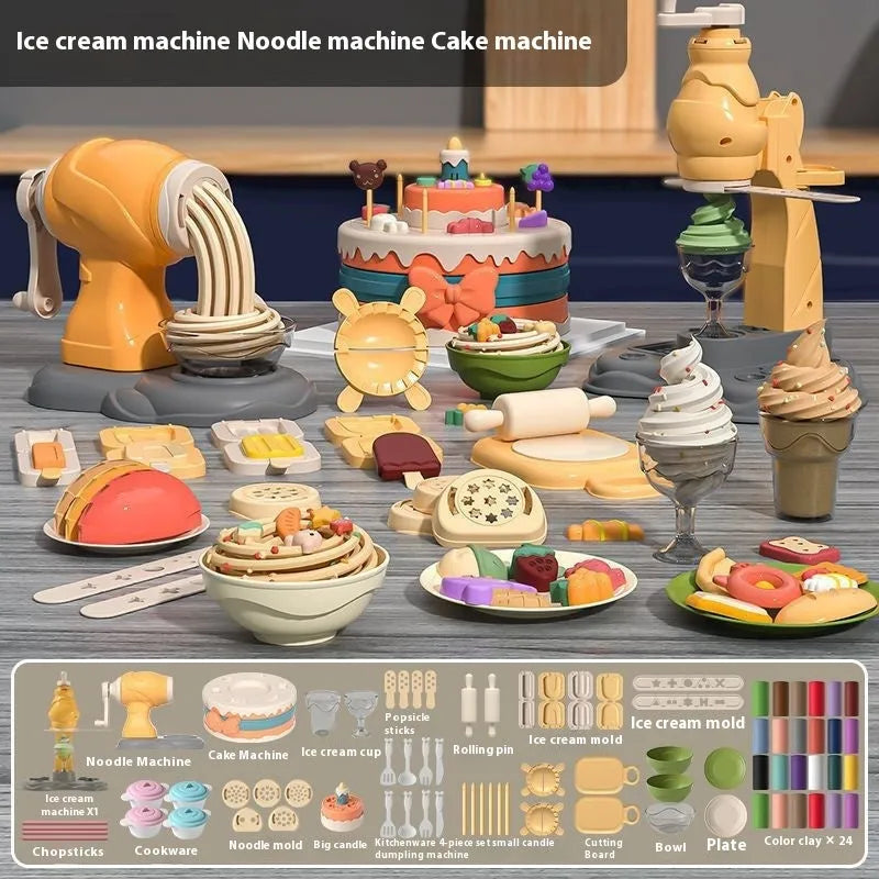 Children's coloured clay noodle maker set with plastic machine, 74-piece handmade toy for dough play
